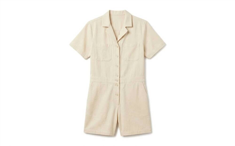 NEW EDDIE BAUER women's hemplify button front collared utility romper in ecru cr